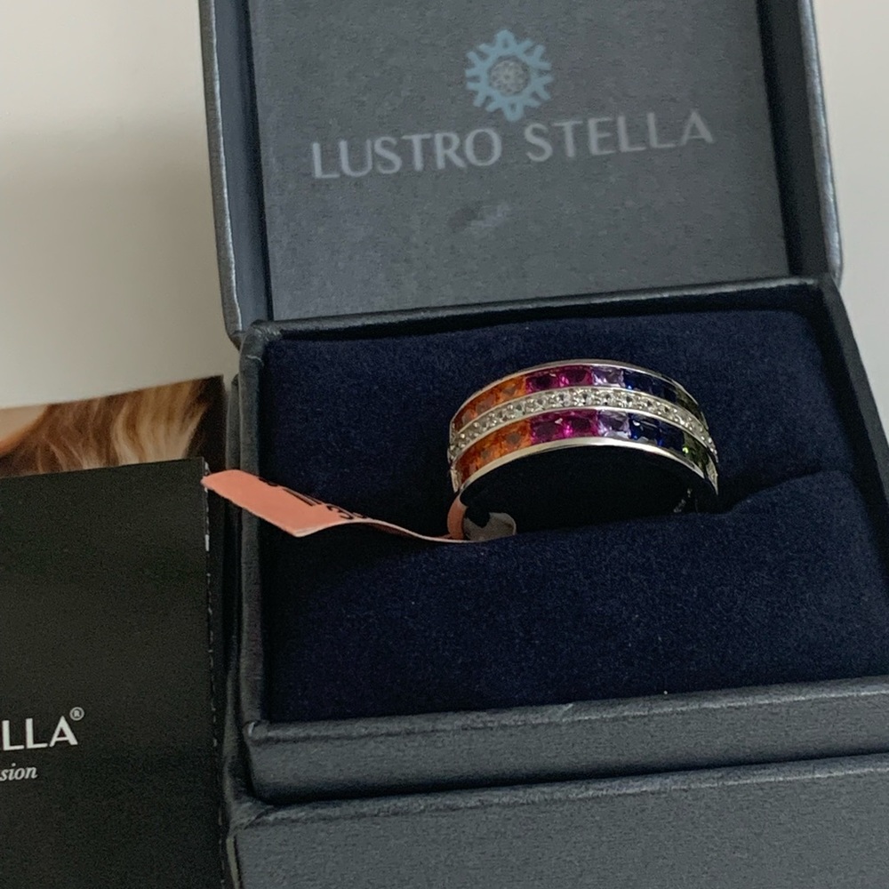 Lustro Stella 925 Sterling Silver Rainbow CZ Band Ring | Multi-Color Gemstone - Picture 6 of 7